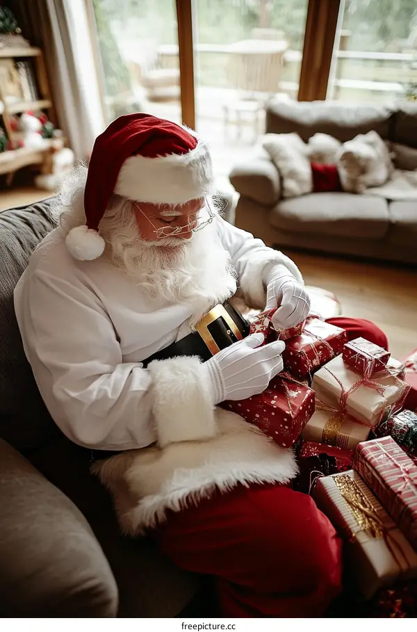 Santa Claus Wrapping Christmas Presents in Home