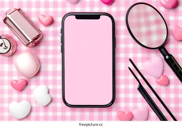 Pink Checkered Background with Phone and Hearts