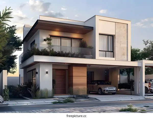 Modern Two Story House with Garage and Balcony