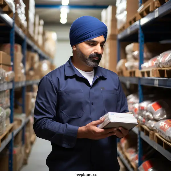 A Sikh warehouse worker wearing a blue turban is checking inventory.