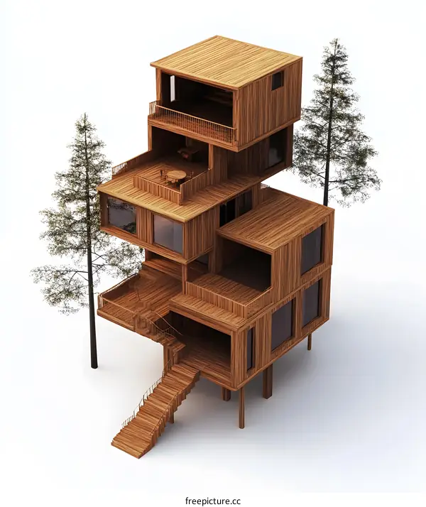 Modern Wooden House Design with Multiple Levels and a Staircase