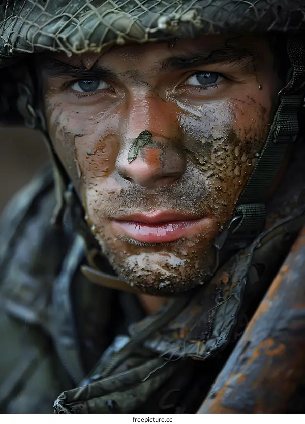 Portrait of a young soldier with mud on his face