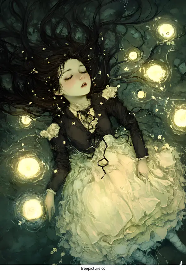 Sleeping Beauty in a Dream World with Floating Lights