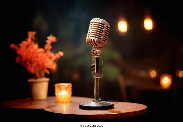 Vintage Microphone on Wooden Table in a Dark Room