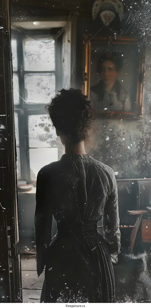 woman in black dress looking out the window