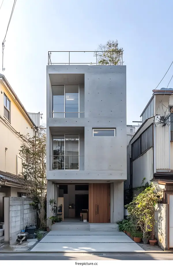 Modern Concrete House with Wooden Door in Japan