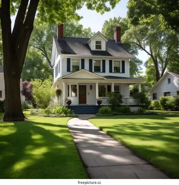 white two-story colonial house with large front yard