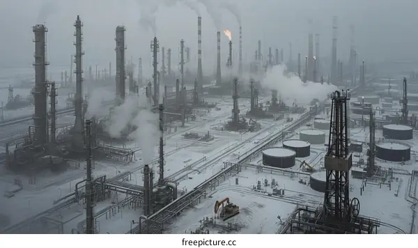 Oil Refinery in Snowy Landscape
