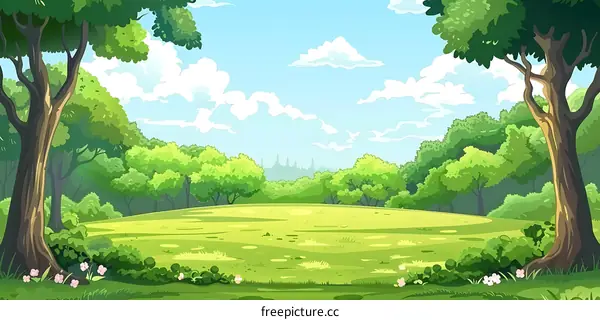 Green Forest Landscape with Meadow and Sky