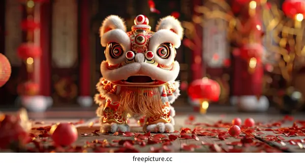 Chinese Lion Dance Performance with Red Lanterns