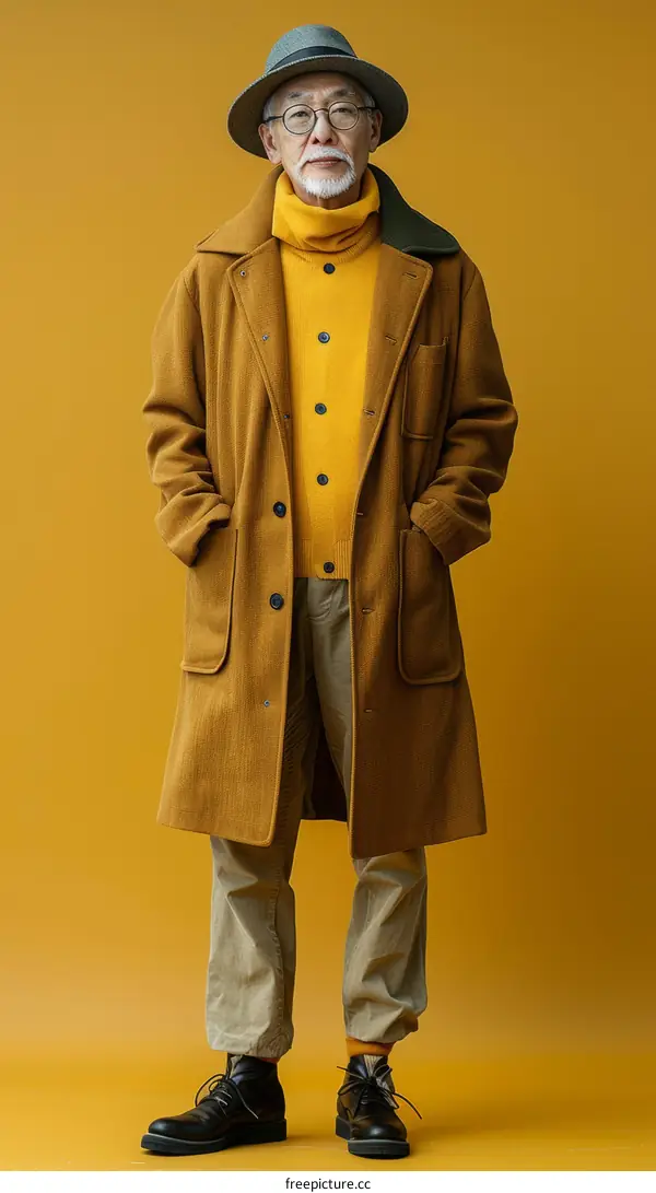 Portrait of a stylish senior man wearing a brown coat and hat