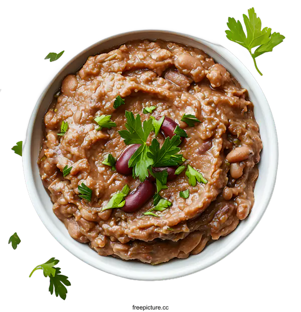 [Transparent Background PNG]Bowl of Refried Beans with Parsley Garnish