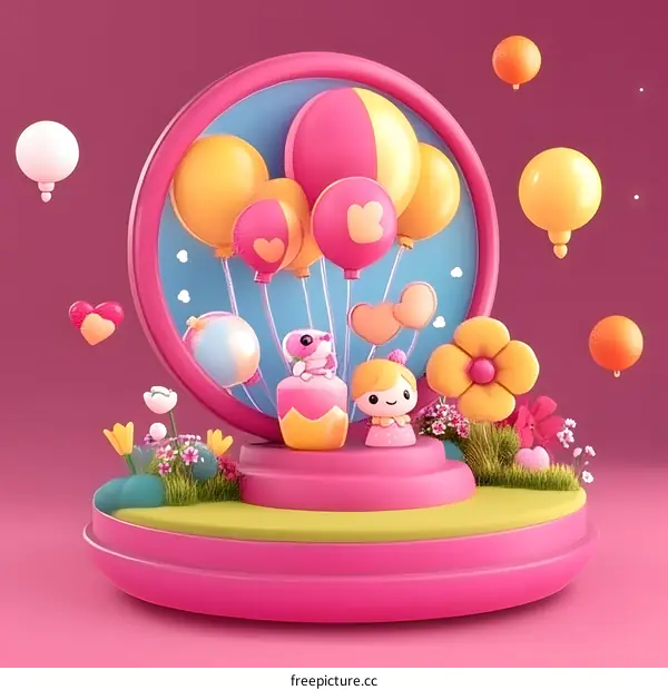 Cute Cartoon Characters With Balloons and Flowers
