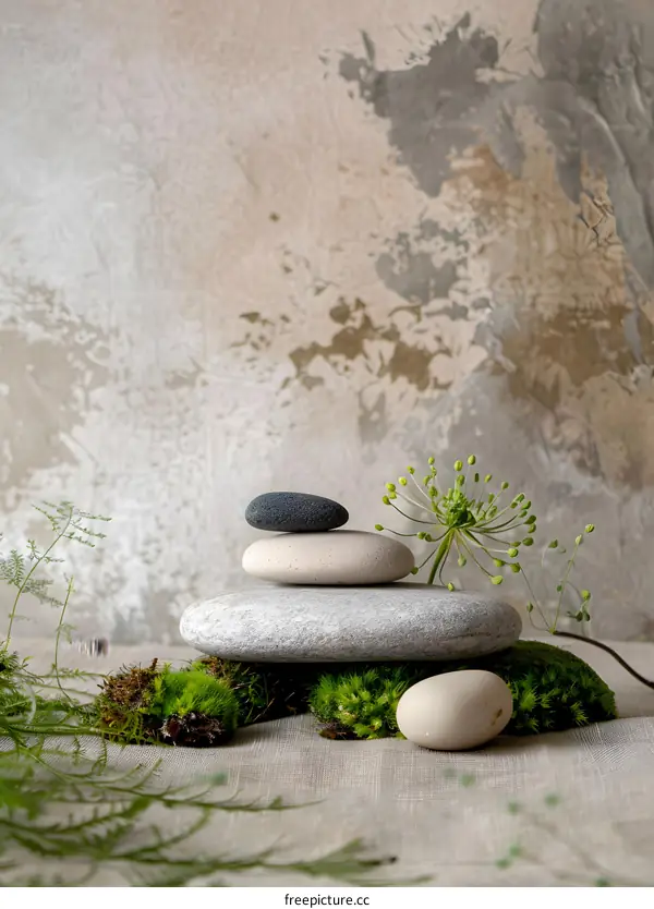 Zen Garden Stones Stacked On Moss And Fabric