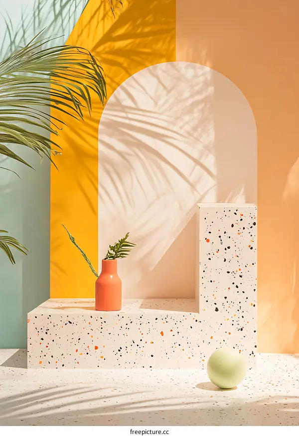 Minimalist Summer Product Photography Background with Terrazzo and Palm Leaf Shadow
