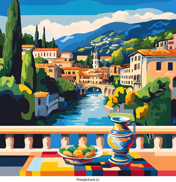 Beautiful Landscape Painting of a City with a River and Mountains