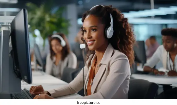 Smiling African American woman wearing a headset and working in a call center