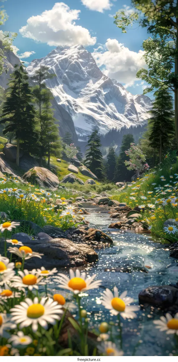 Majestic Mountain Landscape with River and Wildflowers