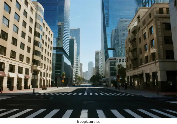 Modern city street with tall buildings under clear sky