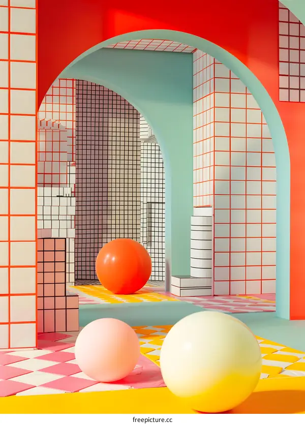 Abstract Geometric Room with Colorful Balloons