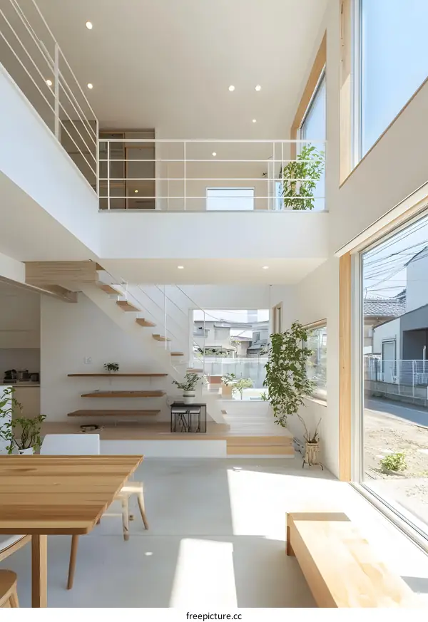 Modern Minimalist Japanese Home Interior Design With White Walls and Wooden Stairs