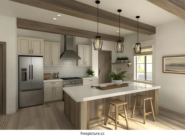 Modern Kitchen Interior Design with Wooden Beams and Pendant Lights