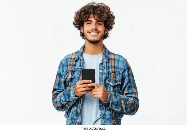 Smiling Young Man Holding a Phone Portrait