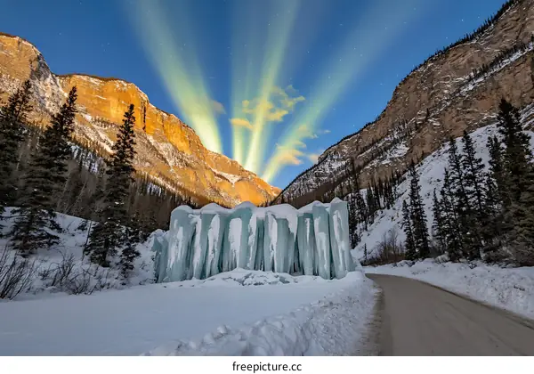 Frozen Waterfall Under The Aurora Borealis