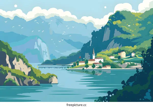 Scenic Mountain Village Illustration
