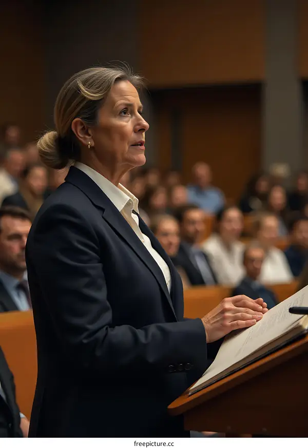 Caucasian Woman Lawyer Speaking in Courtroom