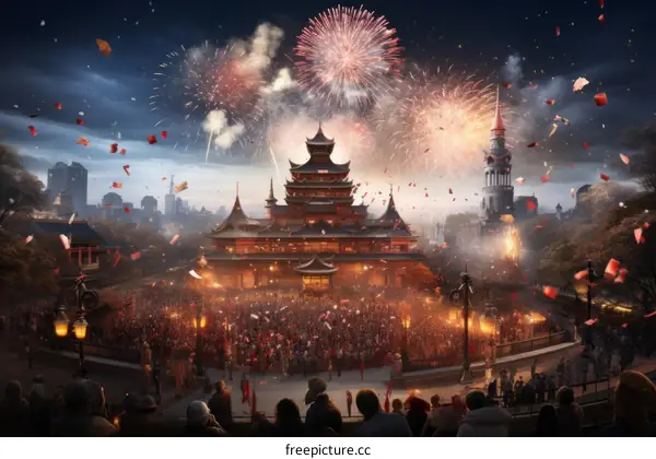 A bustling Chinese New Year celebration in a city square with fireworks and a crowd of people watching from the street below