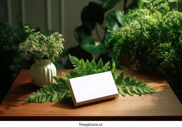 Blank business card mockup surrounded by greenery