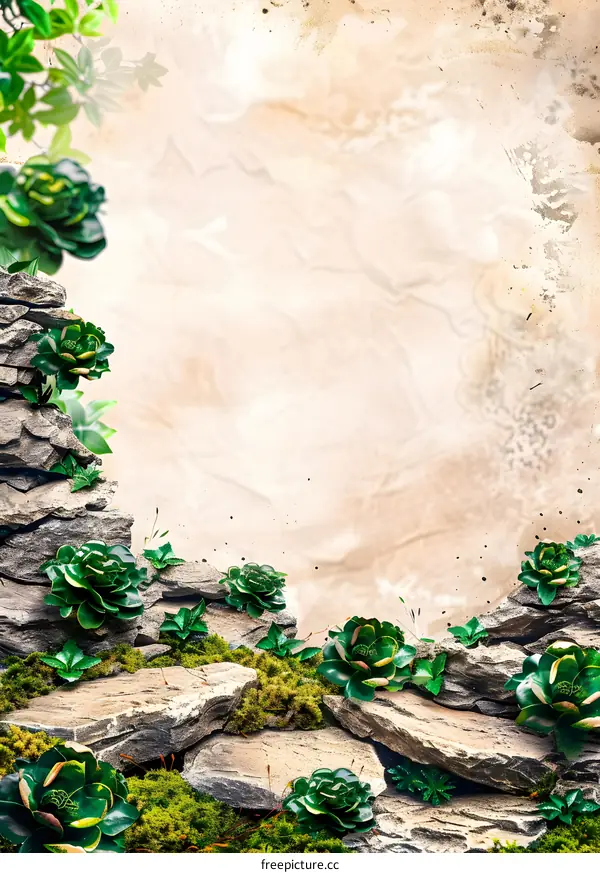 Green Plants Growing On Rocks With Beige Background