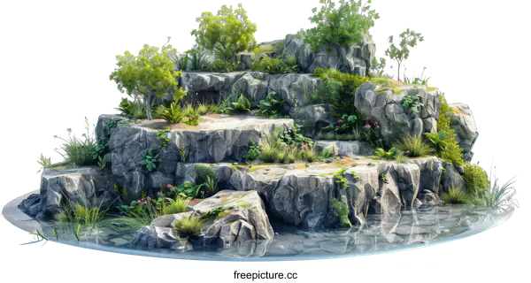 [Transparent Background PNG]Realistic 3D rock formation covered in lush vegetation