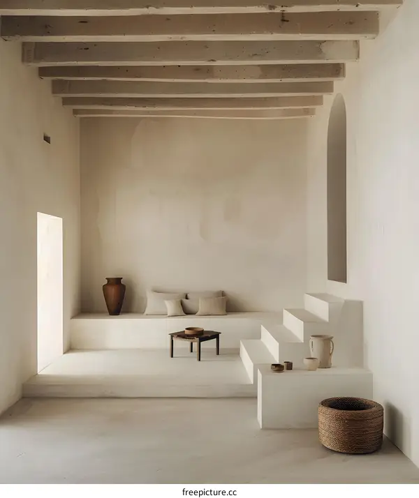 Minimalist Interior Design with White Walls and Wooden Beams
