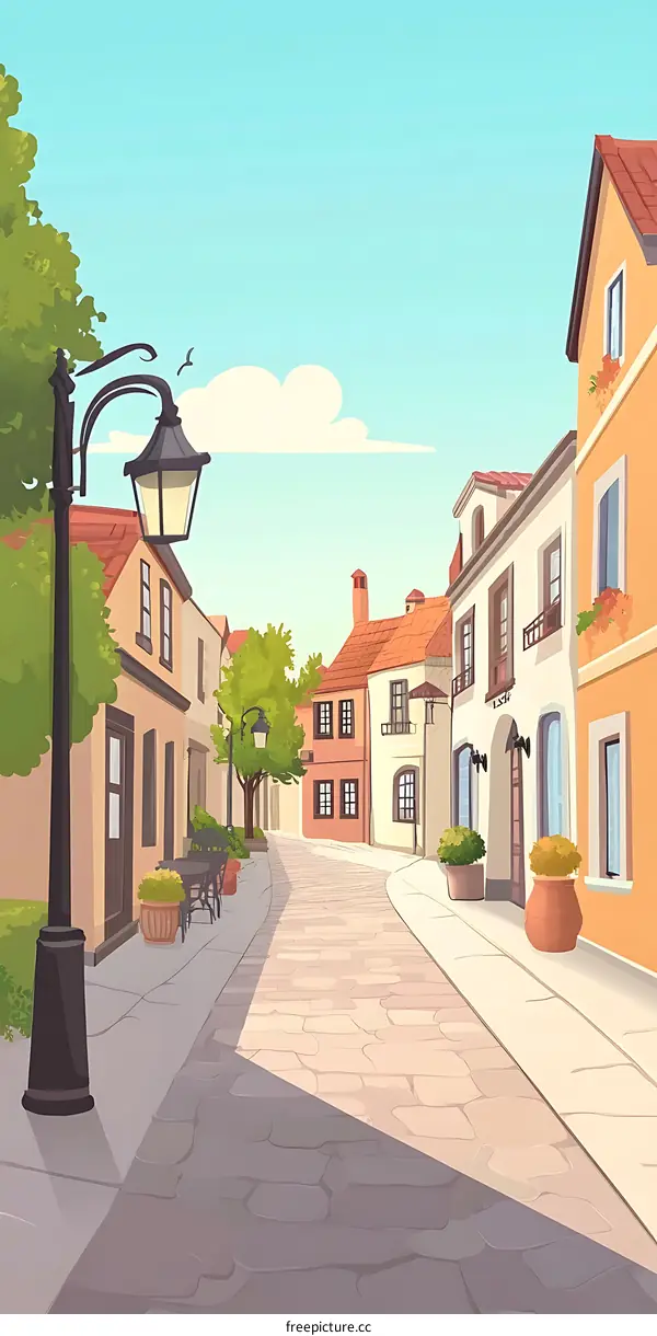 Cobblestone Street With Buildings and Lamp Post