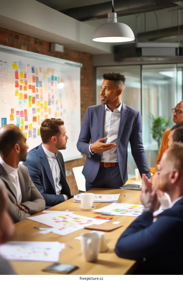 Business meeting with diverse group of people discussing ideas in a modern office space