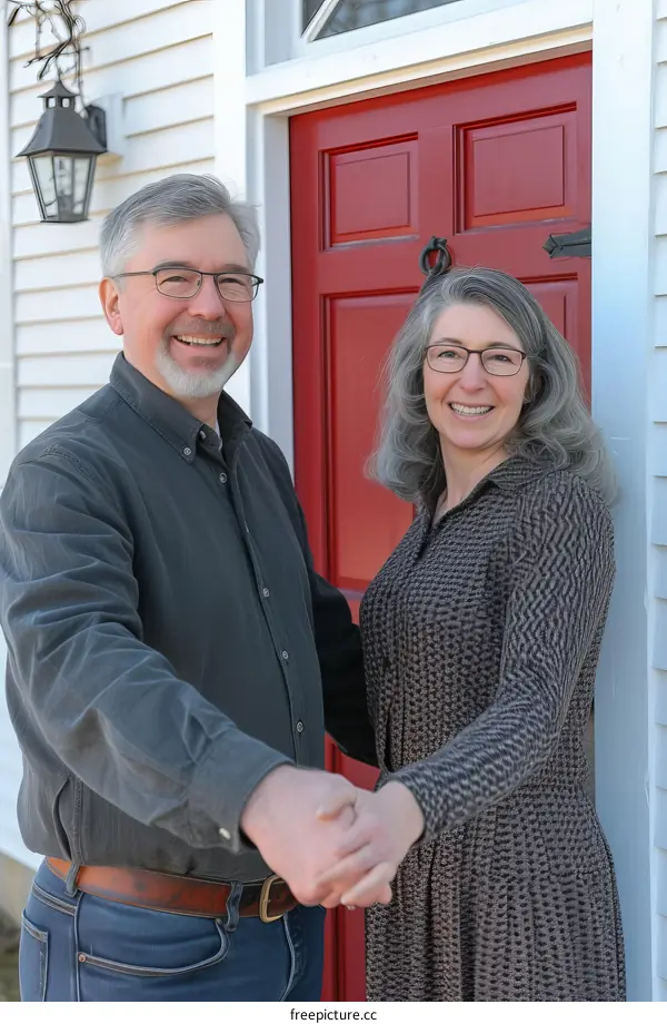 Happy Couple in Front of Red Door