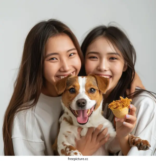 Two Asian women with a dog