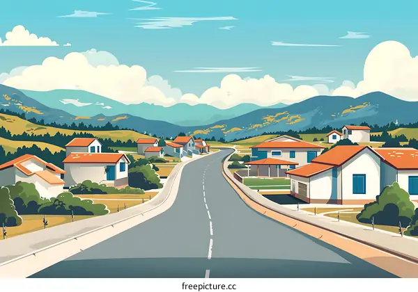 Scenic Country Road Winding Through Village