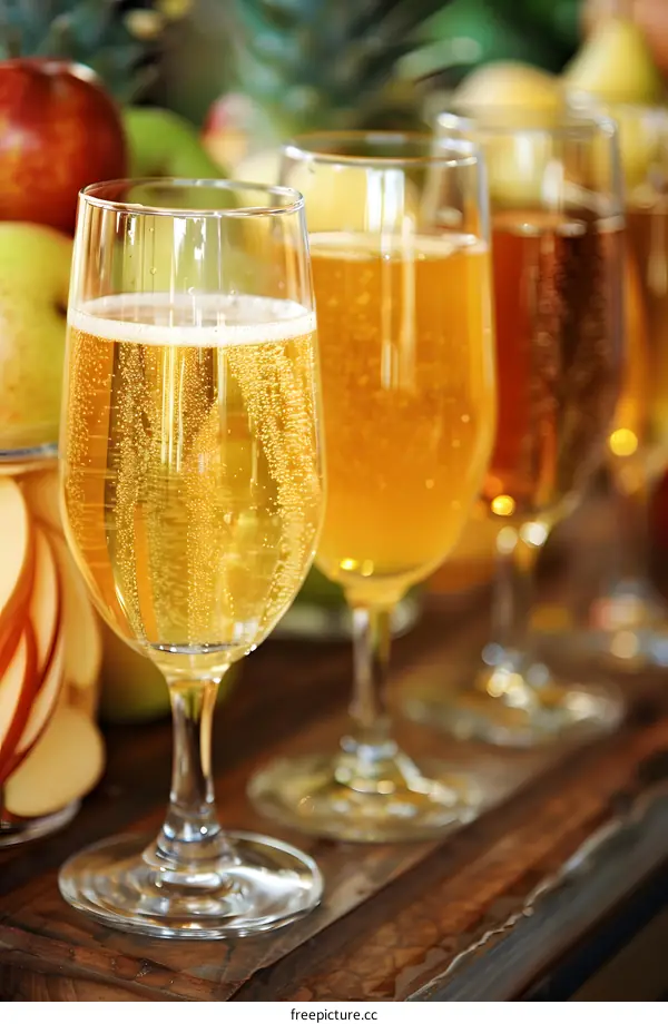 Four Glasses of Sparkling Apple Cider with Apples and Pears in Background