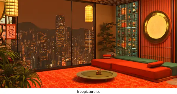 Night View Cityscape from Luxury Apartment Interior Design