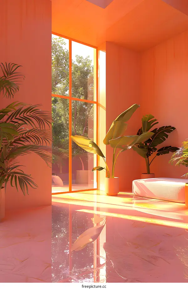 Minimalist Interior Design With Plants And Orange Walls