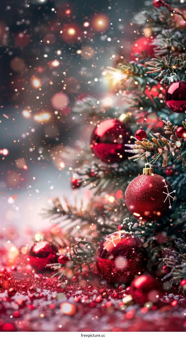 Christmas Tree with Red Baubles and Twinkling Lights