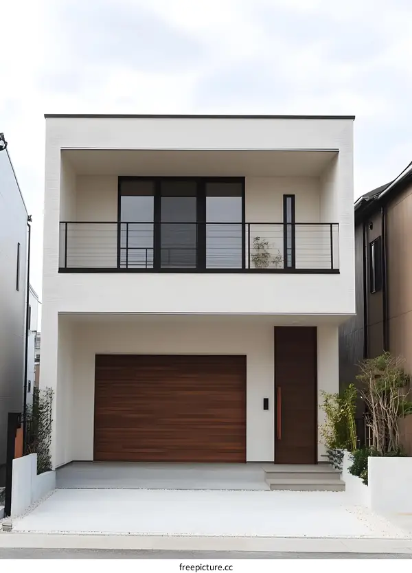 Modern Minimalist Two Story House with Wooden Garage Door and Balcony