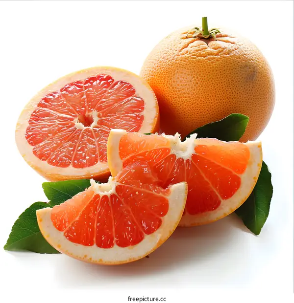 Fresh Ripe Grapefruit Slices with Green Leaves on White Background