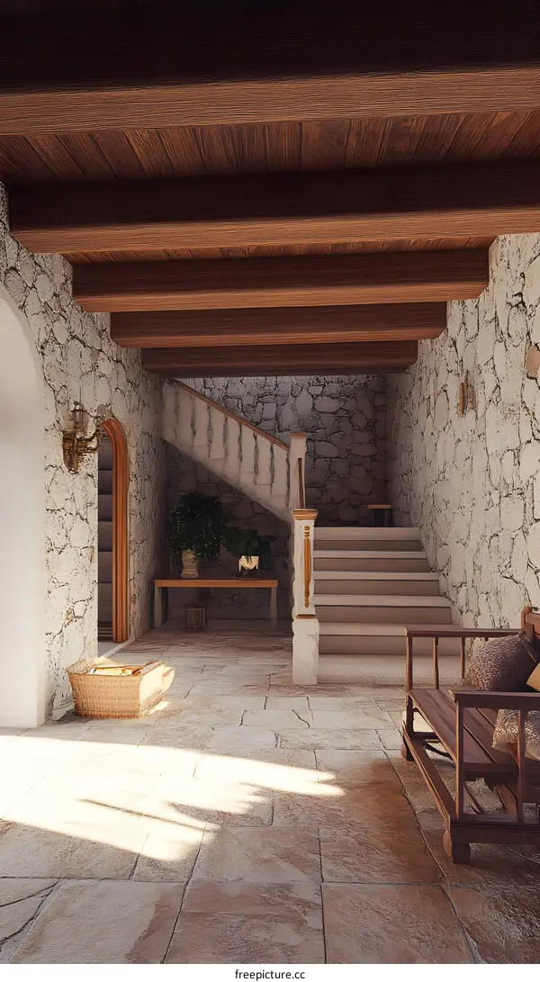 Stone Wall Interior With Wooden Beams And Staircase