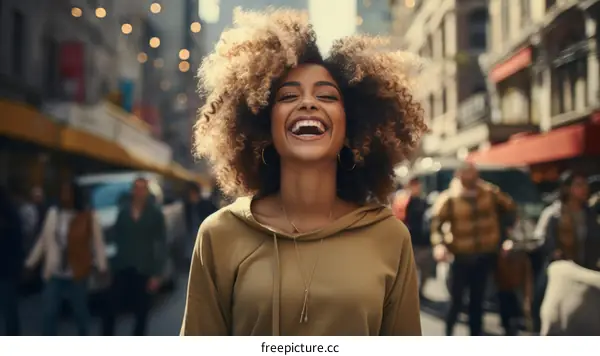 Laughing woman with curly hair in the city street