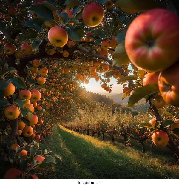 An orchard full of ripe apples in autumn