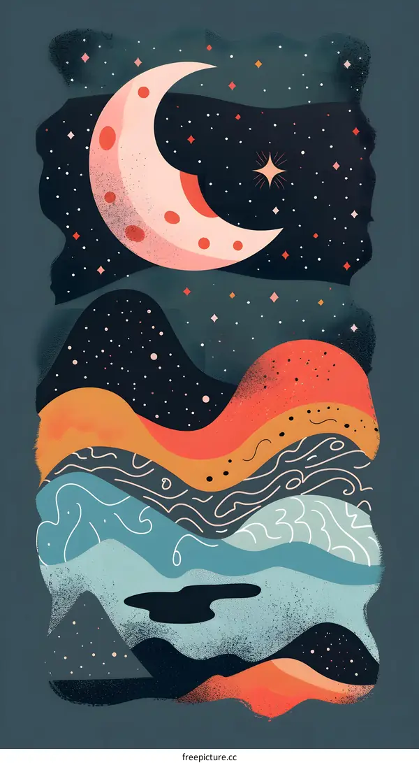 Abstract Night Sky Landscape With Crescent Moon And Stars